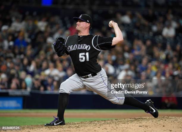 Jake McGee of the Colorado Rockies plays during a baseball game against the San Diego Padres at PETCO Park on September 23, 2017 in San Diego,...