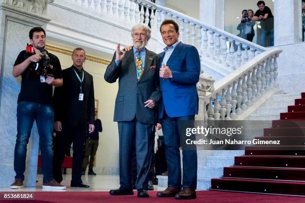 Jean Michel Cousteau and Arnold Schwarzenegger attend 'Wonders Of The Sea' premiere during 65th San Sebastian Film Festival on September 25, 2017 in...