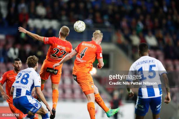 Alexander Michel and Ludvig Ohman Silwerfeldt of Athletic FC Eskilstuna competes for the ball during the Allsvenskan match between Athletic FC...