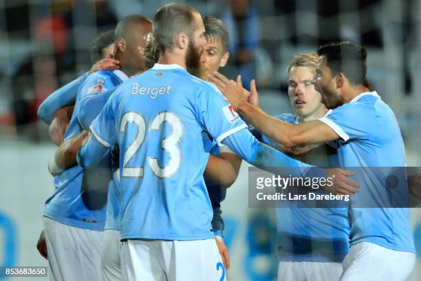 Malmo FF celebrate the 1-0 goal during the Allsvenskan match between Malmo FF and IF Elfsborg at Swedbank Stadion on September 25, 2017 in Malmo,...