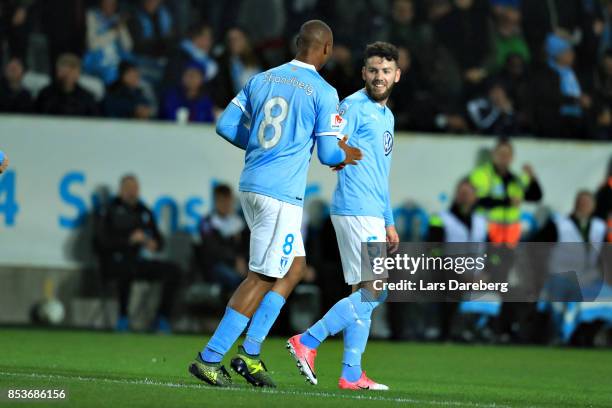 Malmo FF celebrate the 1-0 goal during the Allsvenskan match between Malmo FF and IF Elfsborg at Swedbank Stadion on September 25, 2017 in Malmo,...