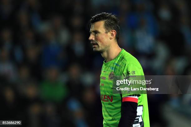 Kevin Stuhr-Ellegaard, goalkeeper of IF Elfsborg during the Allsvenskan match between Malmo FF and IF Elfsborg at Swedbank Stadion on September 25,...