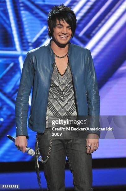 Contestant Adam Lambert performs live at American Idol March 10, 2009 in Los Angeles, California. The top 13 perform in front of the American Idol...