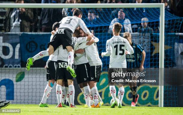 Players of Orebro SK celebrates after the second goal during the Allsvenskan match between IK Sirius FK and Orebro SK at Studenternas IP on September...