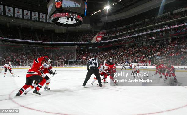 An overall view of the game action between the Calgary Flames and the New Jersey Devils at the Prudential Center on March 10, 2009 in Newark, New...