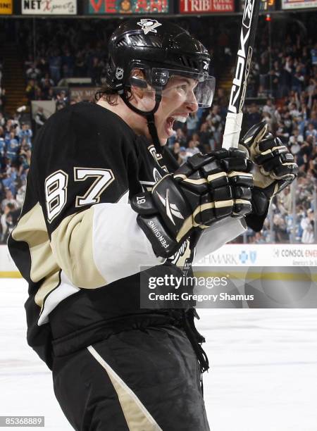 Sidney Crosby of the Pittsburgh Penguins celebrates his goal against the Florida Panthers on March 10, 2009 at Mellon Arena in Pittsburgh,...