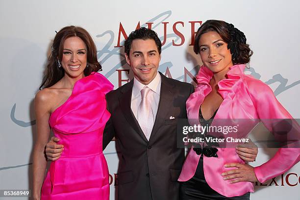 Actress Jacqueline Bracamontes, fashion designer Nicolas Felizola, singer Patricia Manterola attend the Barbie's 50th Anniversary Exhibition at Museo...