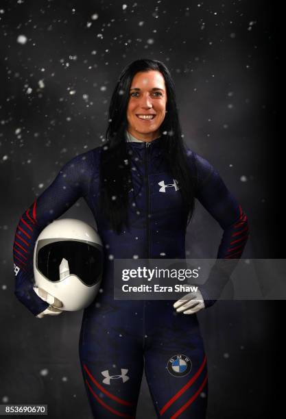 Skeleton racer Annie O'Shea poses for a portrait during the Team USA Media Summit ahead of the PyeongChang 2018 Olympic Winter Games on September 25,...