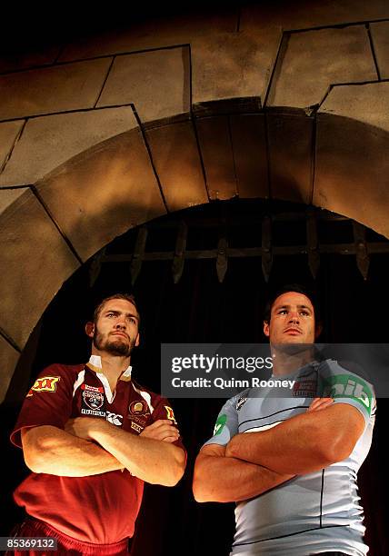 Dallas Johnson of Queensland and Brett White of New South Wales pose during the 2009 ARL State of Origin series launch at Etihad Stadium on March 11,...