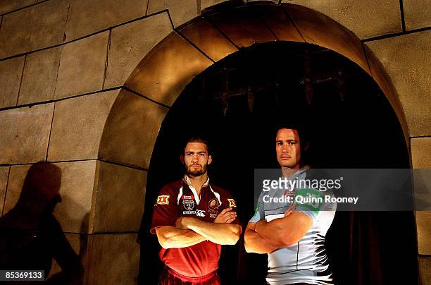 Dallas Johnson of Queensland and Brett White of New South Wales pose during the 2009 ARL State of Origin series launch at Etihad Stadium on March 11,...