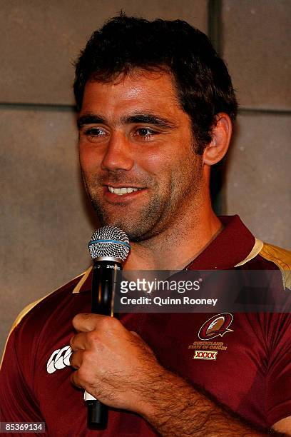 Cameron Smith of Queensland speaks during the 2009 ARL State of Origin series launch at Etihad Stadium on March 11, 2009 in Melbourne, Australia.