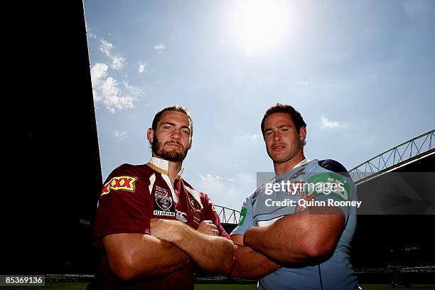 Dallas Johnson of Queensland and Brett White of New South Wales pose during the 2009 ARL State of Origin series launch at Etihad Stadium on March 11,...