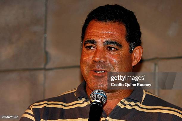 Mal Meninga the coach of Queensland speaks during the 2009 ARL State of Origin series launch at Etihad Stadium on March 11, 2009 in Melbourne,...