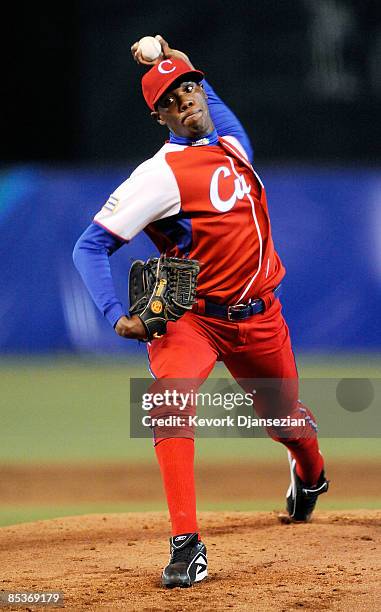 Aroldis Chapman of Cuba pitches against Australia during the first inning of the game during the 2009 World Baseball Classic Pool B match on March...