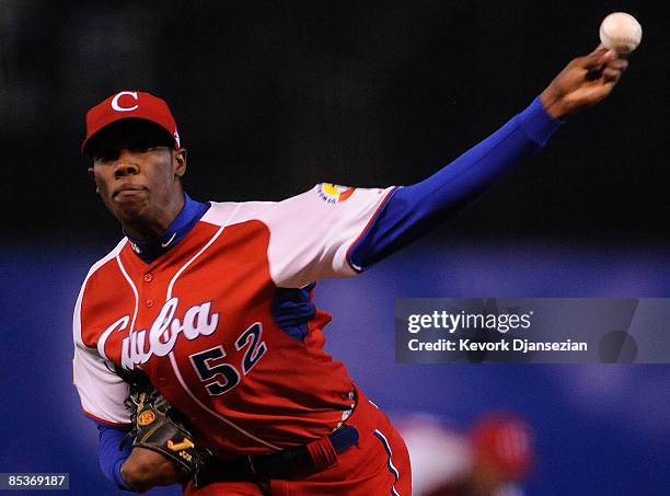 Aroldis Chapman of Cuba pitches against Australia during the first inning of the game during the 2009 World Baseball Classic Pool B match on March...