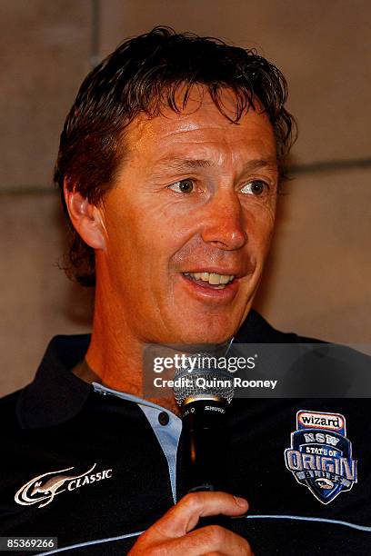 Craig Bellamy the coach of New South Wales speaks during the 2009 ARL State of Origin series launch at Etihad Stadium on March 11, 2009 in Melbourne,...