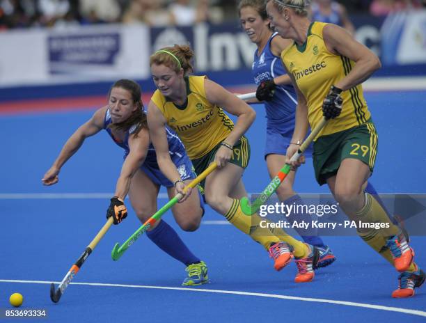 South Africa's Lilian du Plessis gets away from the Scotland's Becky Ward during their opening London Cup game at the Lee Valley Hockey and Tennis...