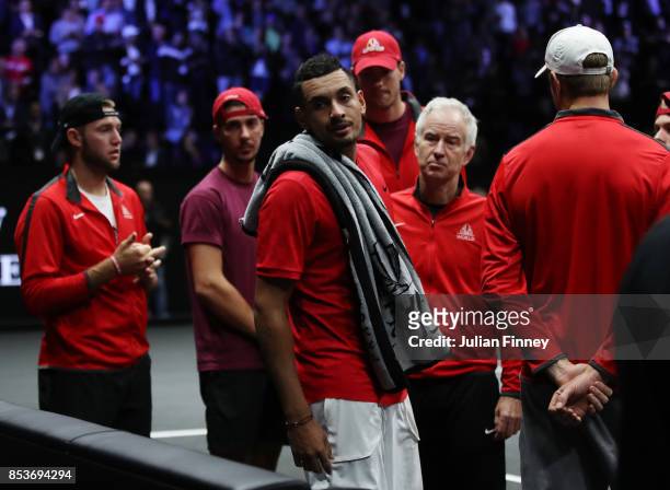 Nick Kyrgios of Team World looks dejected as John Mcenroe, Captain of Team World looks on after Roger Federer of Team Europe wins the Laver Cup on...