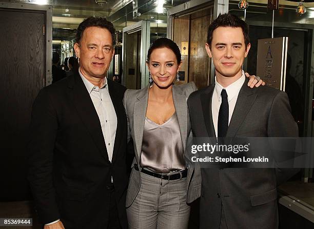 Actors Tom Hanks, Emily Blunt, and Colin Hanks attend the after party for The Cinema Society and Brooks Brothers screening of "The Great Buck Howard"...