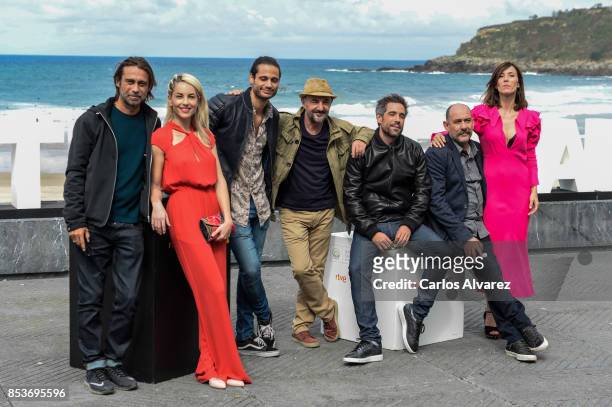 Actor Jordi Molla, Barbara Mori, Alosian Vivancos, Ramon Agirre, Unax Ugalde, Karra Elejalde and Barbara Goenaga attend 'Operacion Concha' photocall...