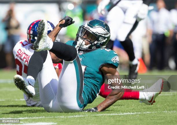 Patrick Robinson of the Philadelphia Eagles reacts in front of Sterling Shepard of the New York Giants at Lincoln Financial Field on September 24,...