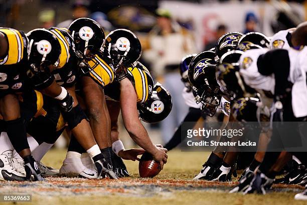 The Pittsburgh Steelers line up for a successful 42-yard field goal attempt by kicker Jeff Reed in the first quarter against the Baltimore Ravens...
