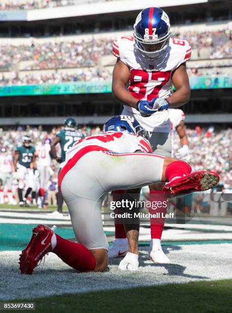 Odell Beckham of the New York Giants celebrates with Sterling Shepard after scoring a touchdown in the fourth quarter against the Philadelphia Eagles...