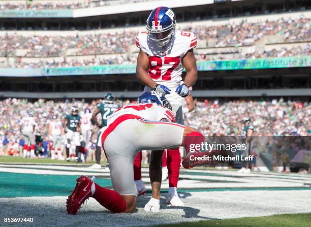 Odell Beckham of the New York Giants celebrates with Sterling Shepard after scoring a touchdown in the fourth quarter against the Philadelphia Eagles...