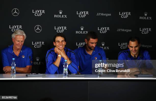 Bjorn Borg, Rafael Nadal, Marin Cilic and Roger Federer of Team Europe attend a press conference after winning the Laver Cup trophy on the final day...