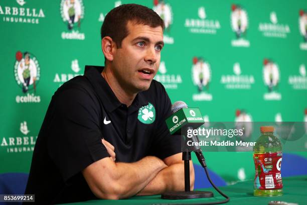 Brad Stevens head coach of the Boston Celtics takes questions from reporters during Celtics Media Day at High Output Studios on September 25, 2017 in...