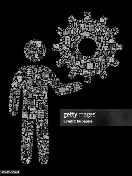 stick figure holding gear construction industry vector icon pattern - sledgehammer stock illustrations