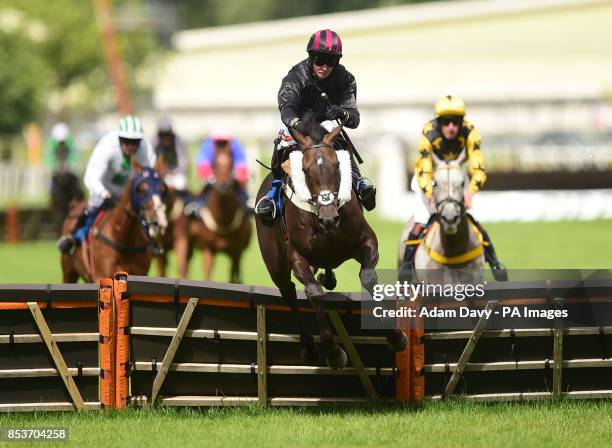 Ittirad ridden by Jack Quinlan jumps the last to win the At the Races Sky415 Handicap Hurdle Race at Newton Abbot Racecourse, Newton Abbot.