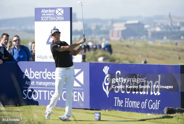 S Ricky Fowler keeps a close eye on his tee shot on the 4th during day two of the Aberdeen Asset Management Scottish Open at Royal Aberdeen, Aberdeen.