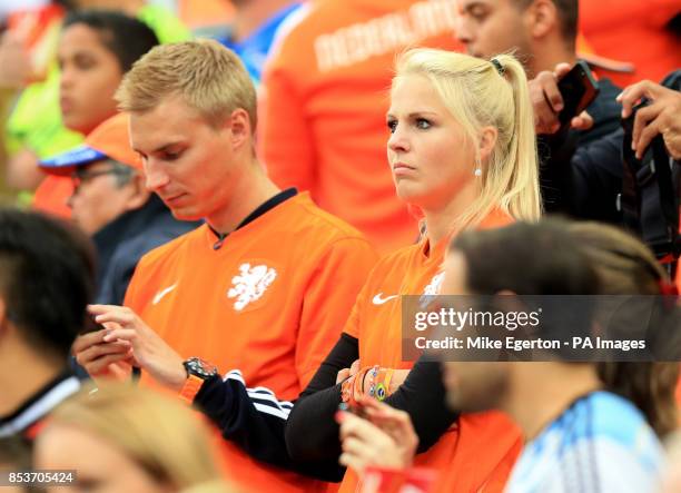 Jasper Cillessen of Holland, girlfriend Joan Klooster watch from the stands