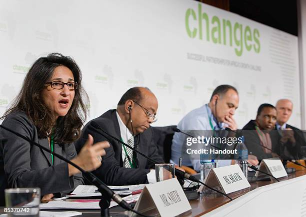 In this handout image provided by the IMF , Nemat Shafik , Permanent Secretary for the Department for International Development speaks on a panel...