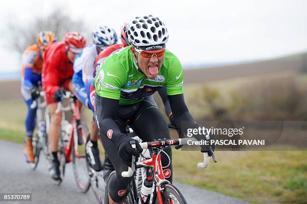 Green Jersey of Best Sprinter German Heinrich Haussler rides in a breakaway during the 178 km third stage of the 2009 Paris-Nice cycling race run...