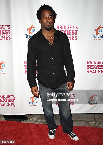 Player Dhani Jones attends The Travel Channel's "Bridget's Sexiest Beaches" launch party at The Playboy Mansion on March 10, 2009 in Beverly Hills,...