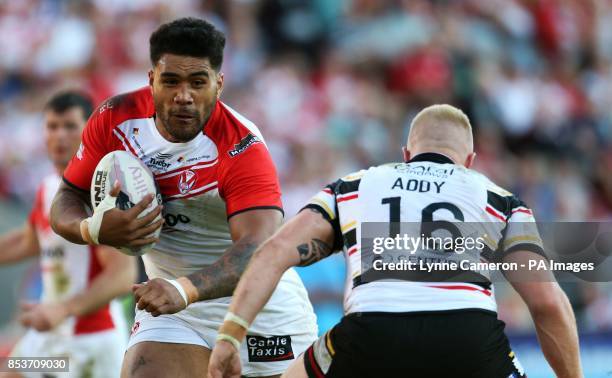 St Helen's Mose Masoe and Bradfrod Bull's Danny Addy during the First Utility Super League match at Langtree Park, St Helens.