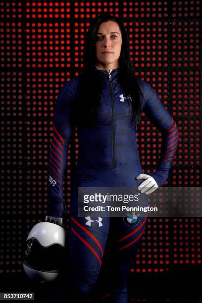 Skeleton racer Annie O'Shea poses for a portrait during the Team USA Media Summit ahead of the PyeongChang 2018 Olympic Winter Games on September 25,...