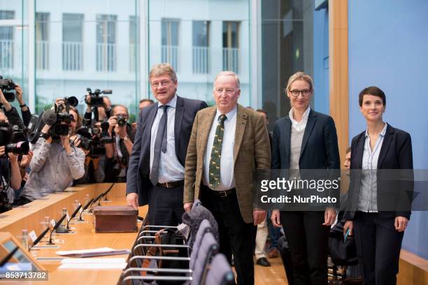 Top candidates of Alternative for Germany Alexander Gauland and Alice Weidel and co-chaiman Joerg Meuthen and co-chairwoman Frauke Petry arrive to a...