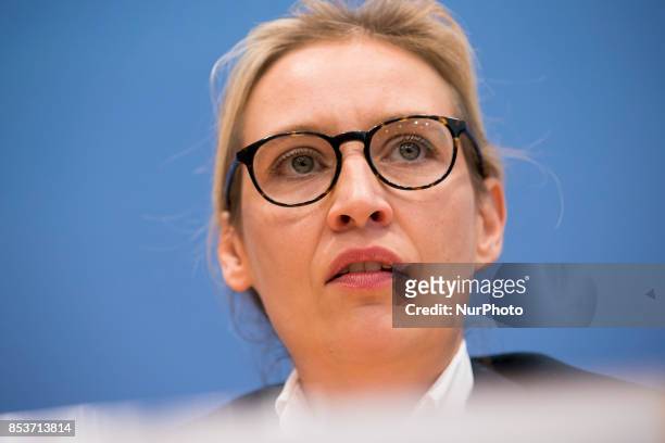 Top candidate of Alternative for Germany Alice Weidel speaks during a press conference on the day after the elections at the Bundespressekonferenz on...