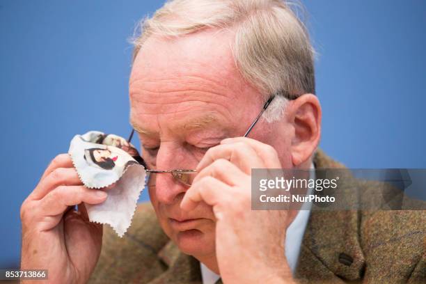 Top candidate of Alternative for Germany Alexander Gauland is pictured during a press conference on the day after the elections at the...