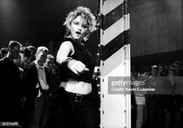 American singer Madonna at the Hacienda club, Manchester, for a performance to be shown on the TV music show 'The Tube', 27th January 1984.
