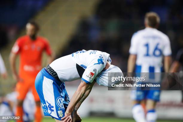 Sebastian Eriksson of IFK Goteborg dejected during the Allsvenskan match between Athletic FC Eskilstuna and IFK Goteborg at Tunavallen on September...