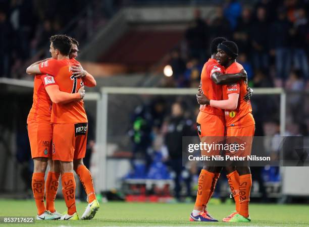 Chidi Dauda Omeje of Athletic FC Eskilstuna celebrates after the victory during the Allsvenskan match between Athletic FC Eskilstuna and IFK Goteborg...