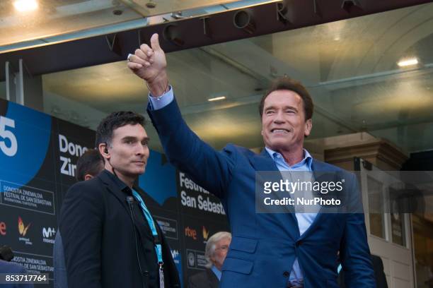 Actor Arnold Schwarzenegger is seen arriving at the 65th San Sebastian International Film Festival on September 25, 2017 in San Sebastian, Spain. The...