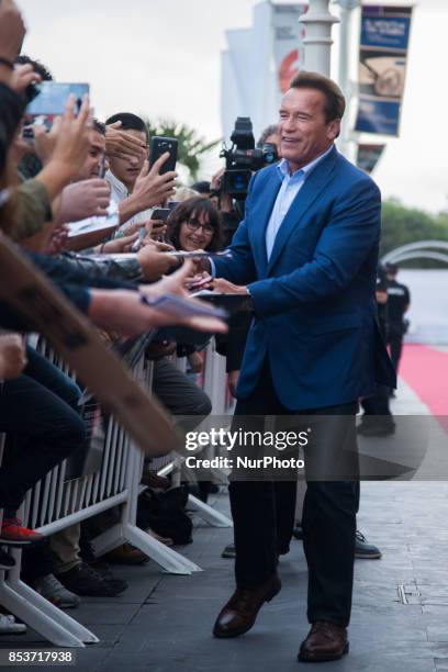 Actor Arnold Schwarzenegger is seen arriving at the 65th San Sebastian International Film Festival on September 25, 2017 in San Sebastian, Spain. The...