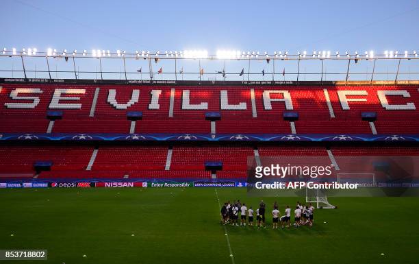Maribor's players attend a training session at the Sanchez Pizjuan stadium in Sevilla on September 25, 2017 on the eve of the UEFA Champions League...