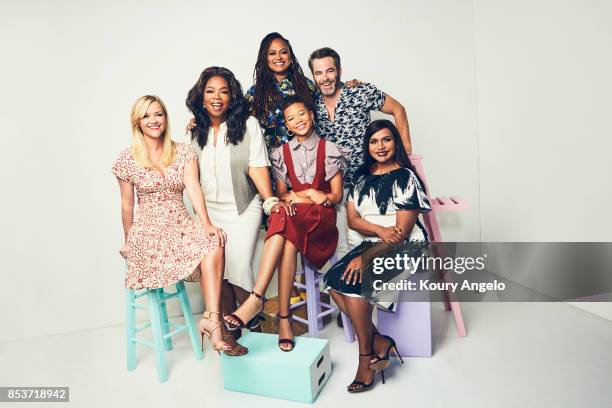 The cast of Disney's 'A Wrinkle in Time' Reese Witherspoon, Oprah Winfrey, Ava DuVernay, Storm Reid, Chris Pine, and Mindy Kaling are photographed...