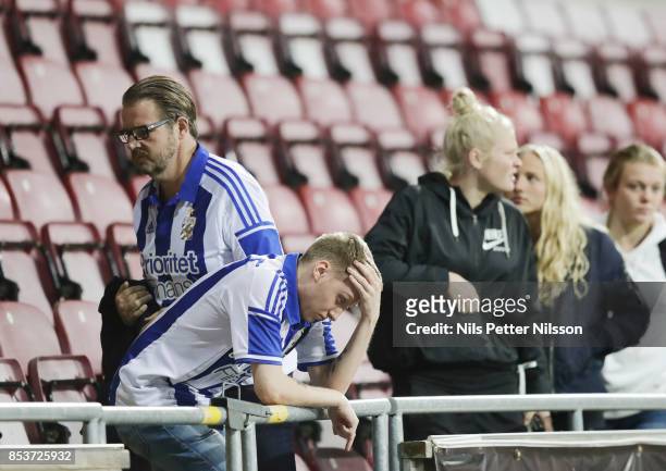 Supporter of IFK Goteborg dejected after the Allsvenskan match between Athletic FC Eskilstuna and IFK Goteborg at Tunavallen on September 25, 2017 in...